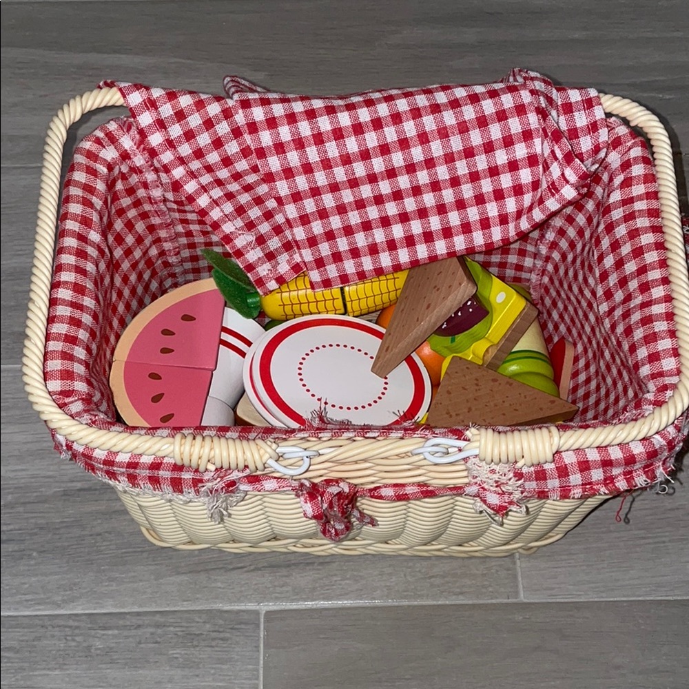 Red Checkered Picnic Basket with Toy Food Set